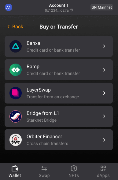 Buy or transfer crypto to Starknet