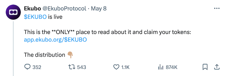 Ekubo airdrop Twitter announcement
